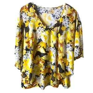 Atelier 29 Floral Yellow Black Sleeveless V-Neck Stretch Layered Blouse Size XL
